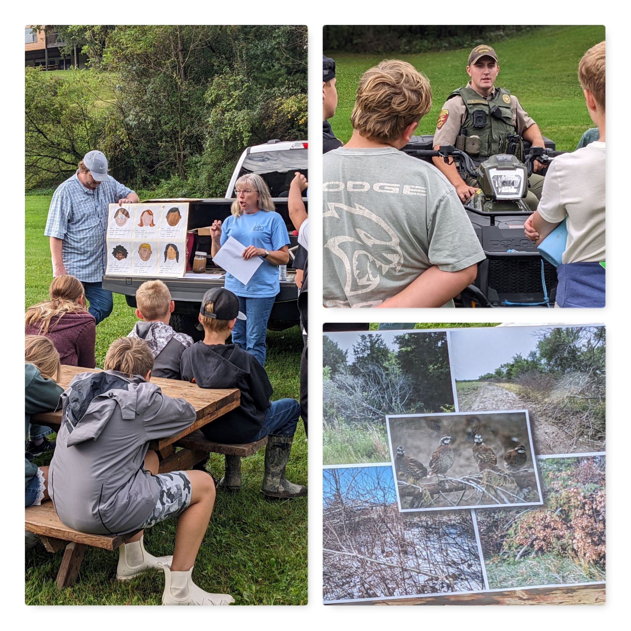 Talking about soils; conservation officer  on ATV safety; photo of quail and habitat.